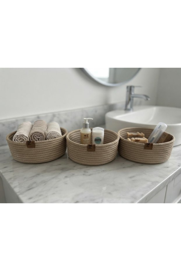 Hand Woven Set of 3 Wicker Basket Set - Bathroom, Kitchen, Room Organizer - Handmade Decorative Basket