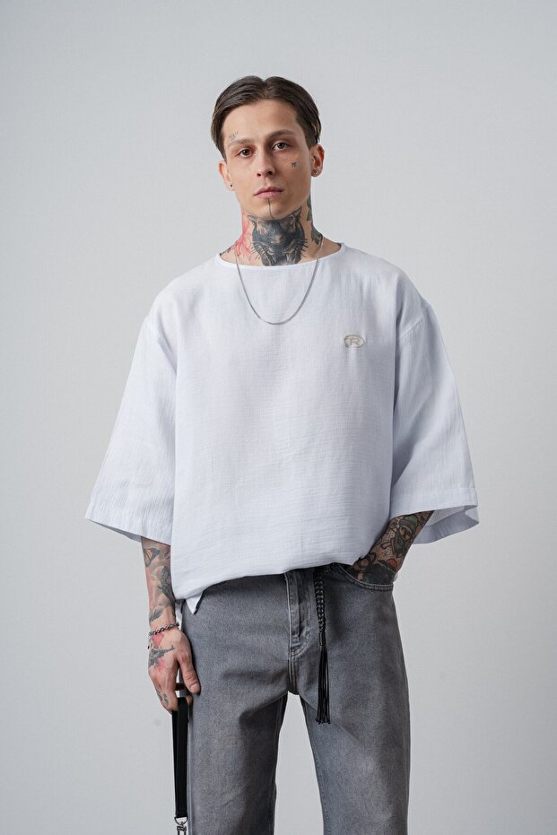 Men's R Embroidered Fakir Sleeve Muslin Oversized T-Shirt White