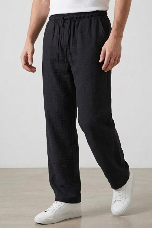 Men's Baggy Loose Fit Black Linen Trousers Lightweight and Comfortable