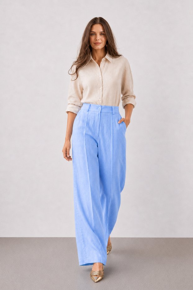 Blue Linen High Waist Wide Leg Trousers