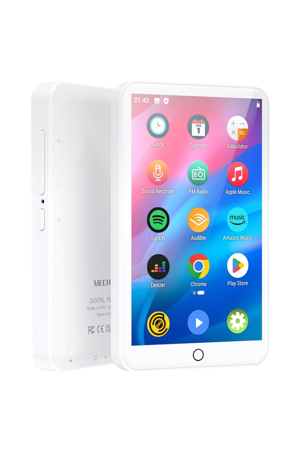 مشغل MP3 أبيض اللون بسعة 16 جيجابايت، يعمل بنظام أندرويد 9.0، مزود بتقنية بلوتوث وواي فاي، يدعم تشغيل ملفات MP3 وMP4 مع سبوتيفاي وأوديب.