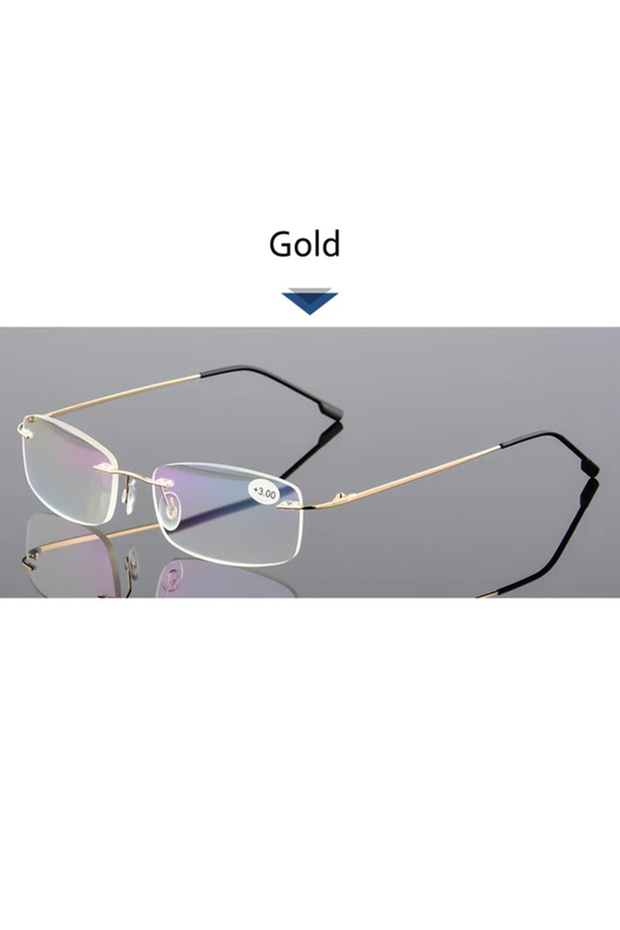 +150 Gold May Flower Blue Light Blockin Ultralight Memory Titanium Rimless Reading Glasses Men&Women