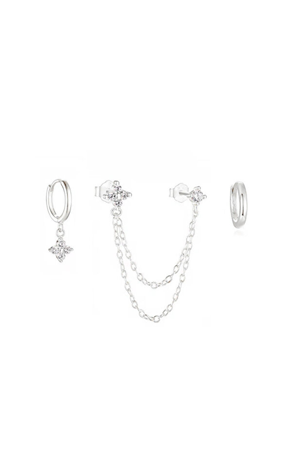 3Pcs Silvery White 2 3PCS Fashion Four Zircon Flower Dangle Hoop Stud Earring Set For Women Stainles