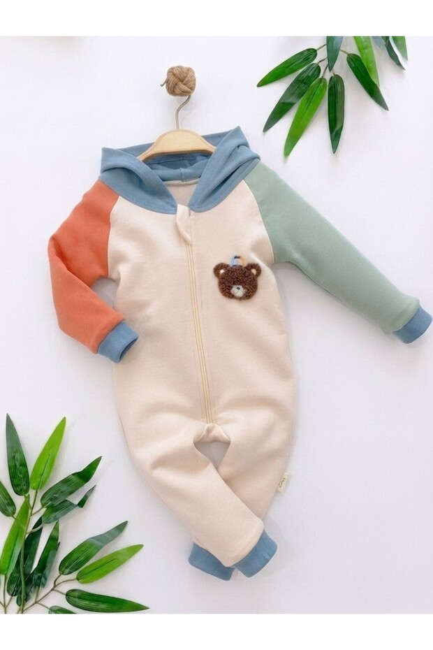 Baby Boy Hooded Bear Embroidered 6-9-12-18 Months Seasonal Baby Jumpsuit with Zipper