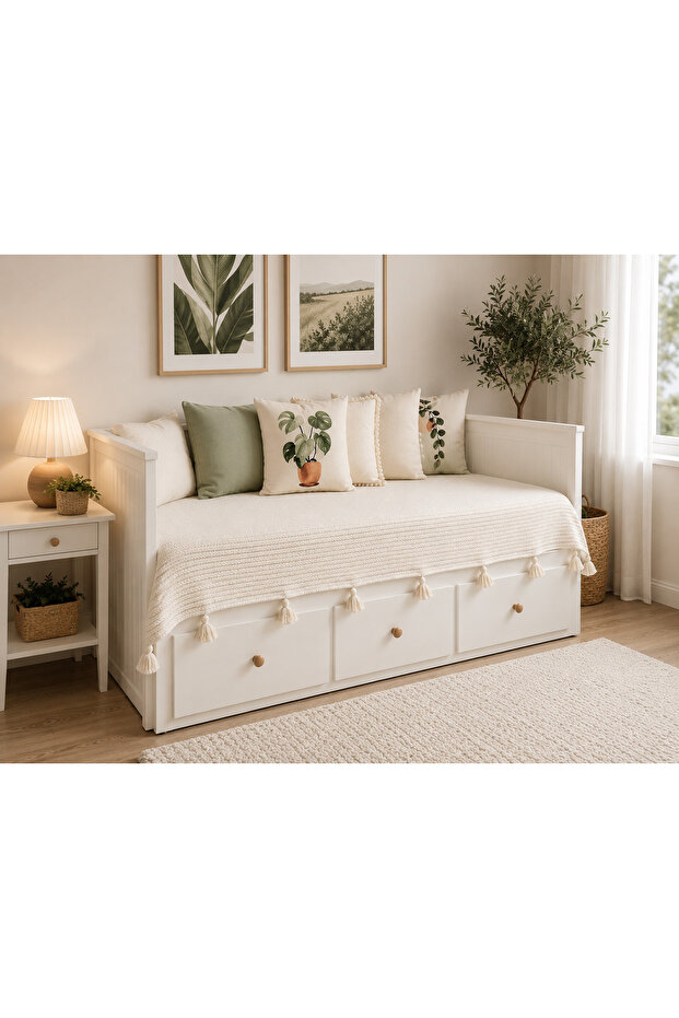 Tasseled Nordic Hemnes Divan Cover Knitted Pique, Bedspread Ecru