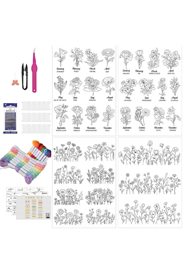 4 Sheets With Thread Water Soluble Stabilizer Embroidery Pattern,Birthday Flower Stick & Stitch Embr
