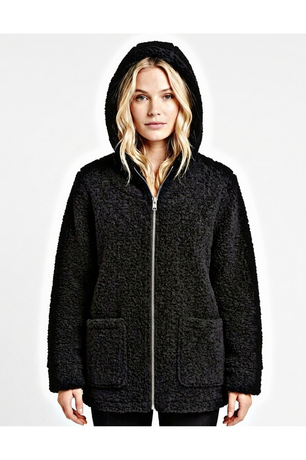 Hooded Front-Pocket Velboa Velvet Laminated Plush Coat
