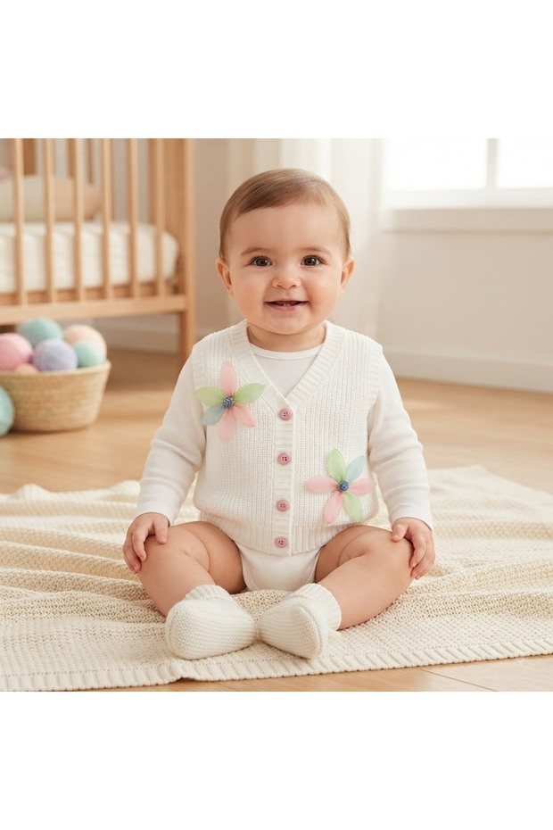100% Cotton Selani̇k Patterned Cotton Flower Knitted Vest 6 Months, 5 Years Girl White