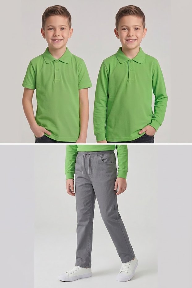 Boys' School Green Long and Short Sleeve Polo Collar T-Shirt Gray Ribbed Waist Pants 3-Piece Set