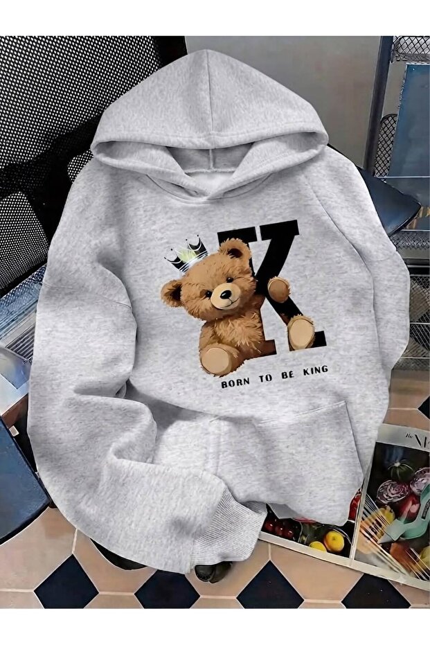 Unisex Born to Be King Bear Crown King Printed Hooded Sweatshirt