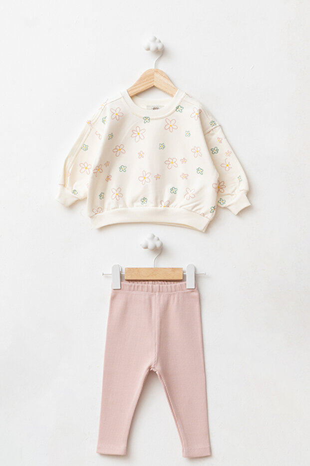 Girl's Patterned Oversize Sweatshirt and Ribbed Leggings Two-Piece Set