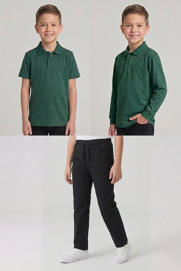 Boys' School Nefti Green Long and Short Sleeve Polo Collar T-Shirt Black Ribbed Waist Pants 3-Piece Set