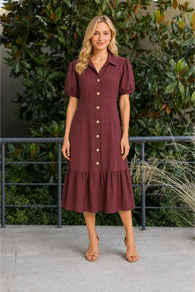 Linen Fabric Shirt Collar Buttoned Flounce Midi Dress
