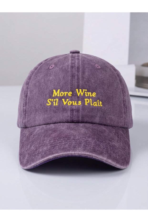 More Wine S'Il Vous Plais - Written Purple Washable Vintage Baseball Cap