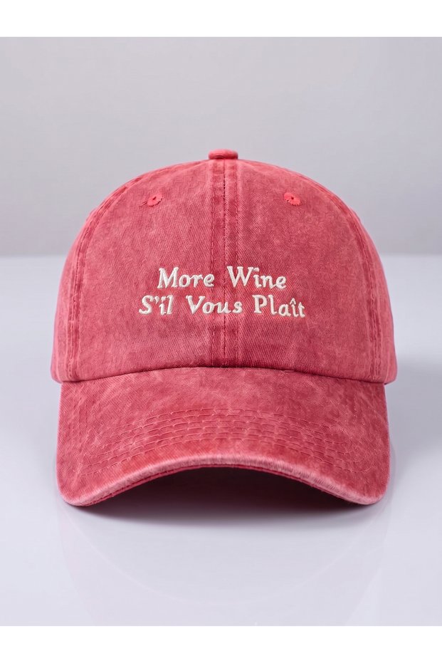 More Wine S'Il Vous Plais Written Red Washed Vintage Baseball Cap