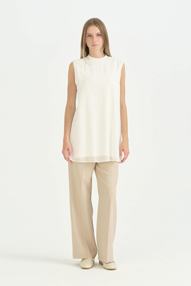 Chiffon Front Sleeveless Combed Cotton Undergarment - Ecru