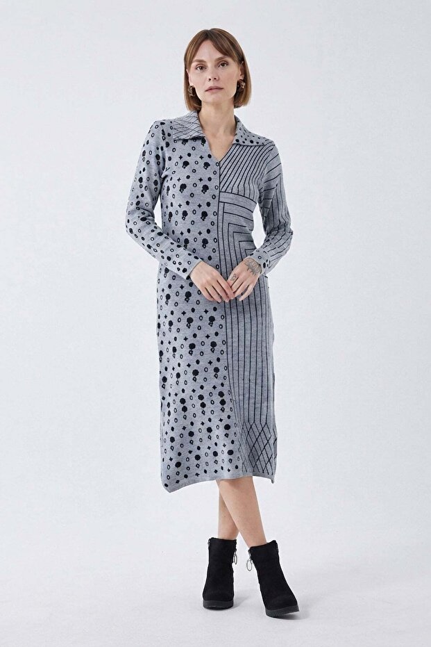 Patterned Polo Neck Knitwear Dress