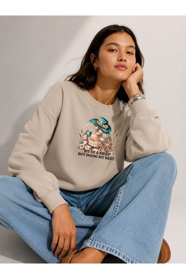 Women's Bit of a Mess Graphic Design Comfortable Fit Crew Neck Beige Sweatshirt