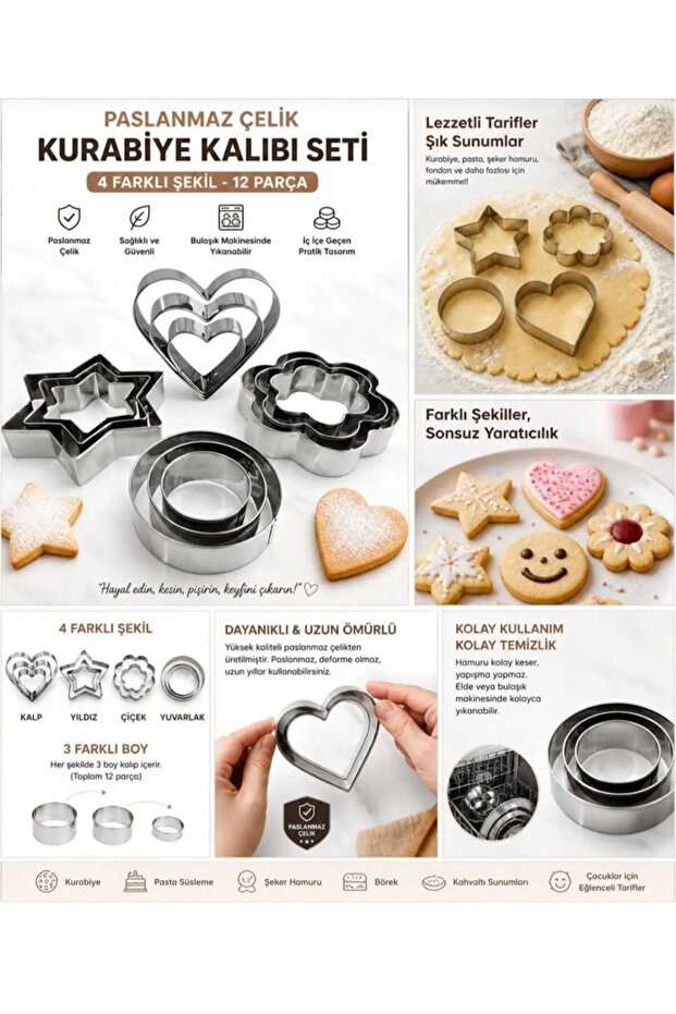 12-Piece Stainless Steel Cookie Cutter Set | Heart Star Flower Fruit Shaped Dough Cutter