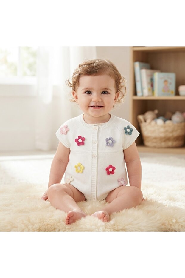 100% Cotton Roba Collar Flower Pattern Knitted Vest 6 Months, 5 Years Girl White