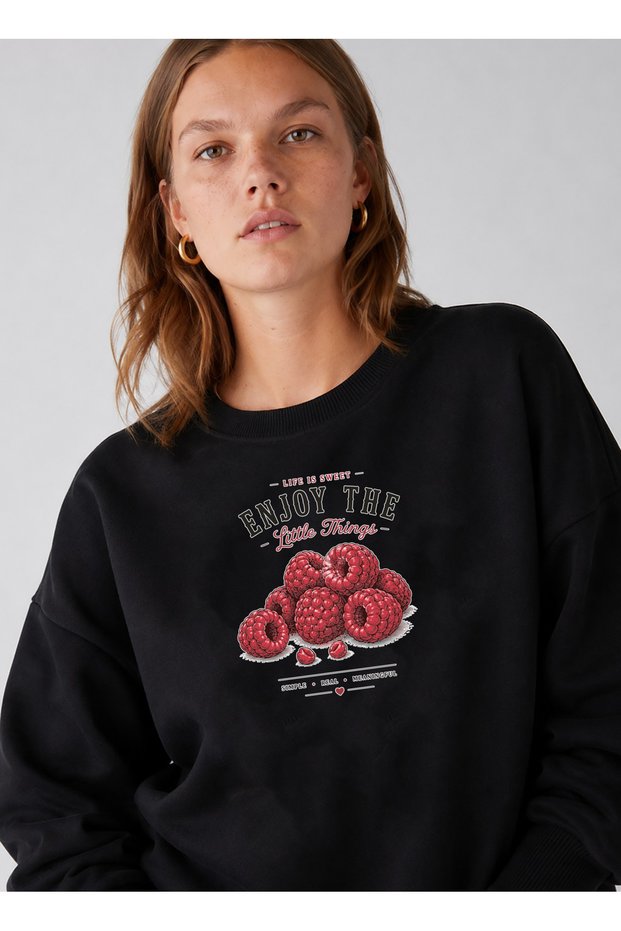 Women's Enjoy Written Raspberry Printed Comfortable Fit Crew Neck Black Sweatshirt