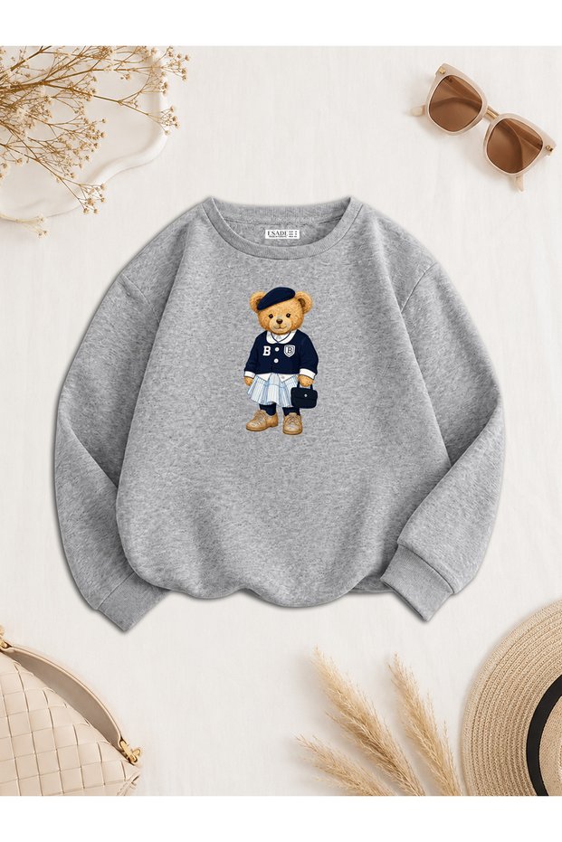 Women's Bear Bear College Printed Comfortable Fit Crew Neck Gray Sweatshirt