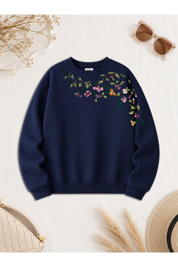 Women's Colorful Flowers Branch Printed Sleeve Detailed Comfortable Fit Crew Neck Navy Blue Sweatshirt