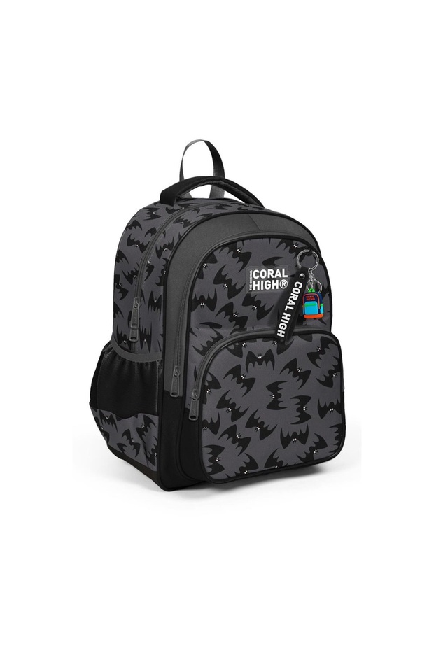 Kids Gray Black Bat Patterned Three Compartment School Bag Backpack 33244