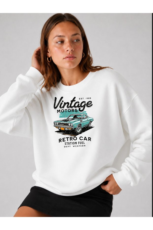 Women's Vintage Retro Car Graphic Printed Comfortable Fit Crew Neck White Sweatshirt