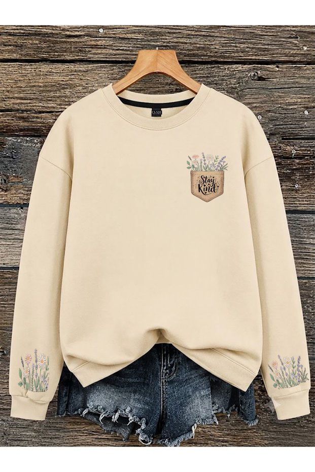 Women's Stay Kind Chest and Floral Sleeve Printed Comfortable Fit Crew Neck Beige Sweatshirt