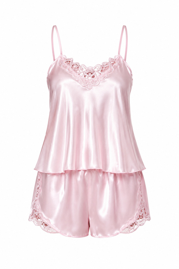Lace-Trimmed Satin Shorts Pajama Set – 2-Piece Elegant Loungewear Set |