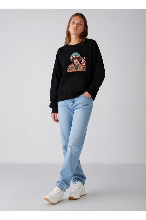 Women's Elderly Monkey Special Design Comfortable Fit Crew Neck Black Sweatshirt
