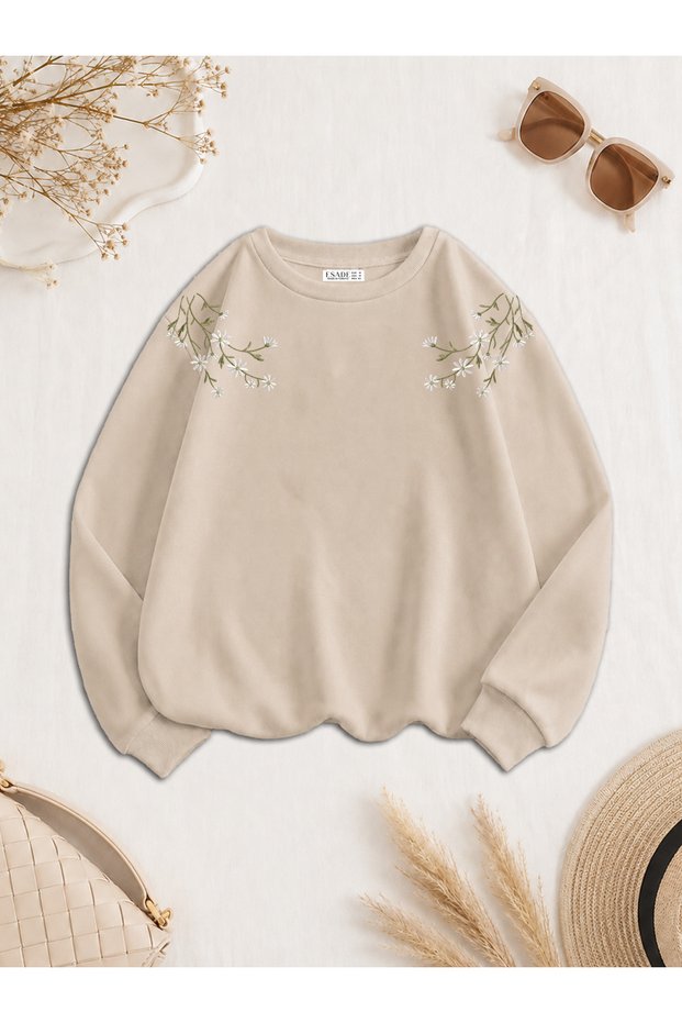 Women's Green Branch Shoulder Printed Comfortable Fit Crew Neck Beige Sweatshirt