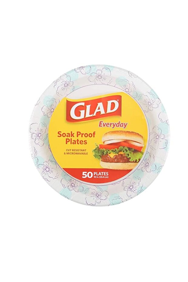 Glad Round Disposable Paper Plates for All Occasions | Soak Proof, Cut Proof, Microwaveable Heavy Duty Disposable Plates | 10" Diameter, 50 Count Bulk Paper Plates
