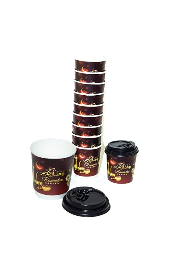 Ramadan Decorative Disposable Heavy Duty Paper Cup 12 ounce, 10 Pieces With Lid for Hot & Cold Drinks, Coffee & Tea. Capacity 270ml