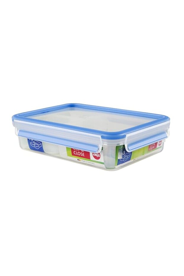Emsa 512897 Clip & Close box with divider insert, 22,5 x 16,3 5,8 cm, 1.2 litre, transparent/blue