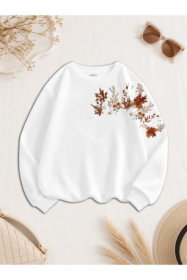 Women's Dal Autumn Sleeve Printed Comfortable Fit Crew Neck White Sweatshirt