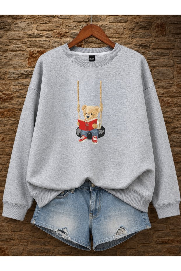 Women's Teddy Bear Printed Comfortable Fit Crew Neck Gray Sweatshirt
