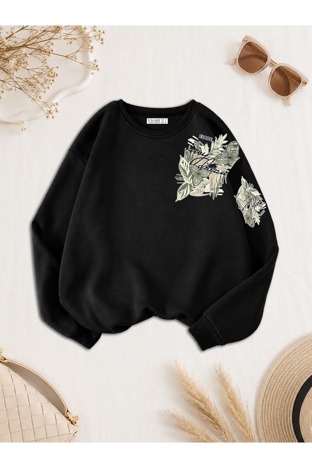 Women's My Dream Sleeve Print Detailed Comfortable Fit Crew Neck Black Sweatshirt