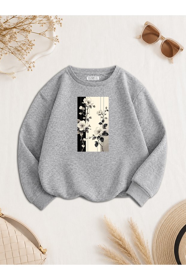 Women's Flowers Vertical Special Design Printed Comfortable Fit Crew Neck Gray Sweatshirt