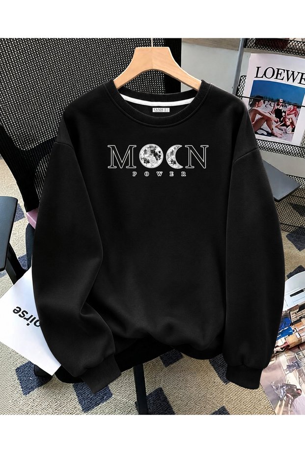 Women's Moon Power Earth and Moon Printed Comfortable Fit Crew Neck Black Sweatshirt