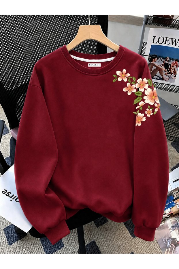Women's White Yellow Floral Sleeve Printed Comfortable Fit Crew Neck Burgundy Sweatshirt