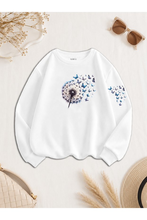 Women's Flying Butterfly Sleeve Print Detailed Comfortable Fit Crew Neck White Sweatshirt