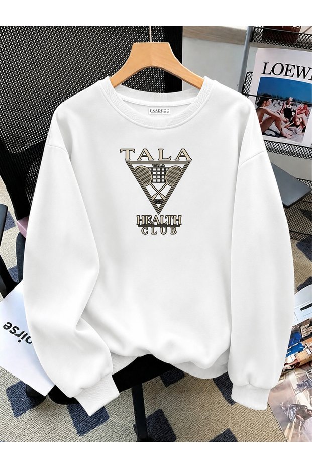 Women's Tala Tennis Printed Comfortable Fit Crew Neck White Sweatshirt