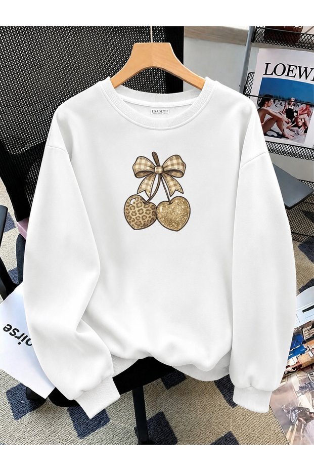 Women's Ribbon Cherry Design Printed Comfortable Fit Crew Neck White Sweatshirt