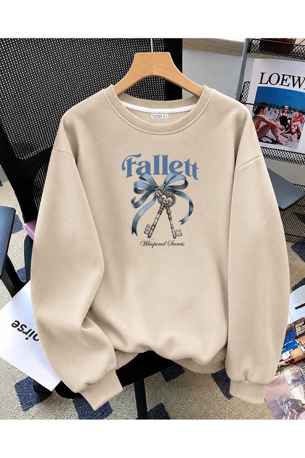 Women's Blue Bow Anaktar Printed Comfortable Fit Crew Neck Beige Sweatshirt
