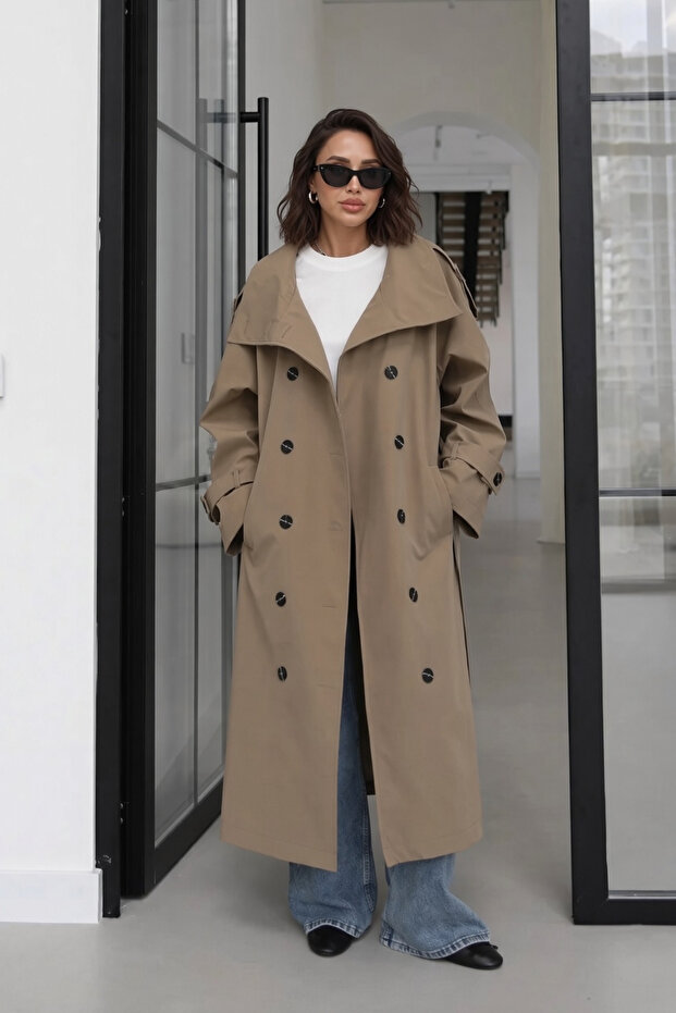 Women's Belted Apolet Collar Water-Repellent Fabric Long Trench Khaki