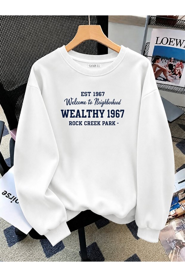 Women's Wealthy 1967 Printed Wool Inside Comfortable Fit Crew Neck White Sweatshirt