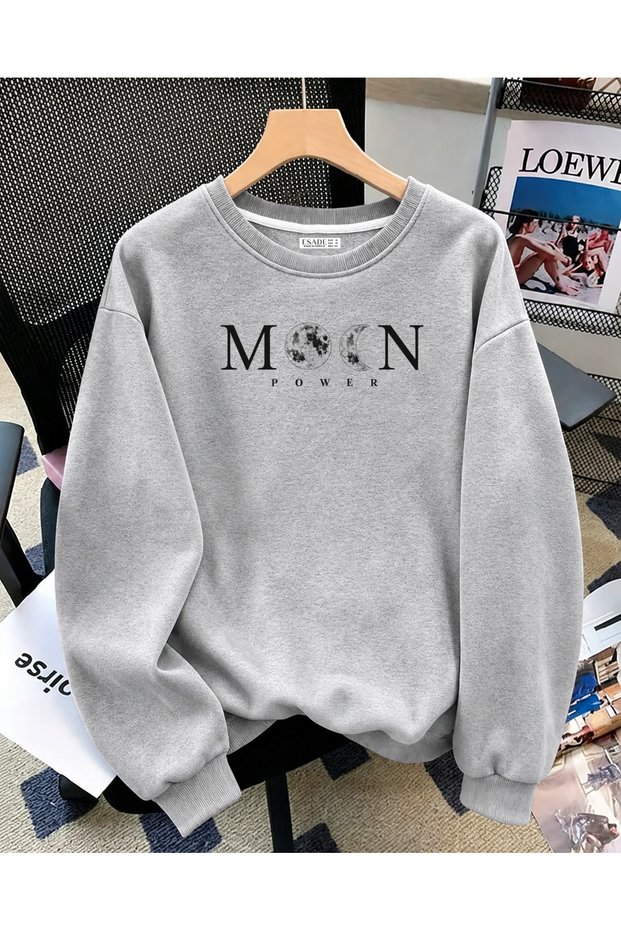 Women's Moon Power Earth and Moon Printed Comfortable Fit Crew Neck Gray Sweatshirt