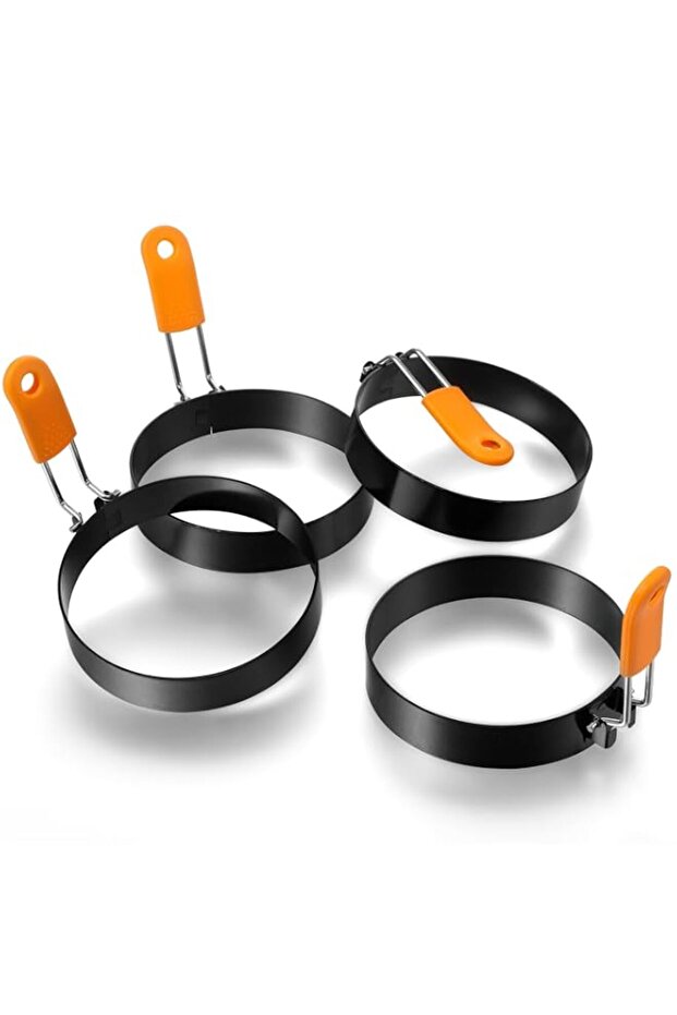 Patelai 4 Pcs Professional Egg Ring Pancake Ring Set Stainless Steel Fried Egg Ring Griddle Pancake Shapers with Orange Silicone Handle for Breakfast Omelette Sandwich (4 Pcs, 4 Inch)